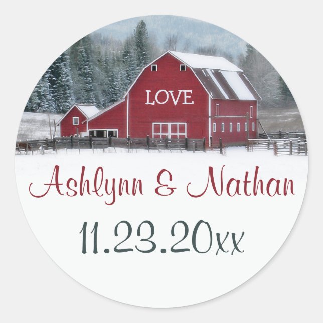 1.5" Red Barn in Winter Wedding Favor Sticker (Front)