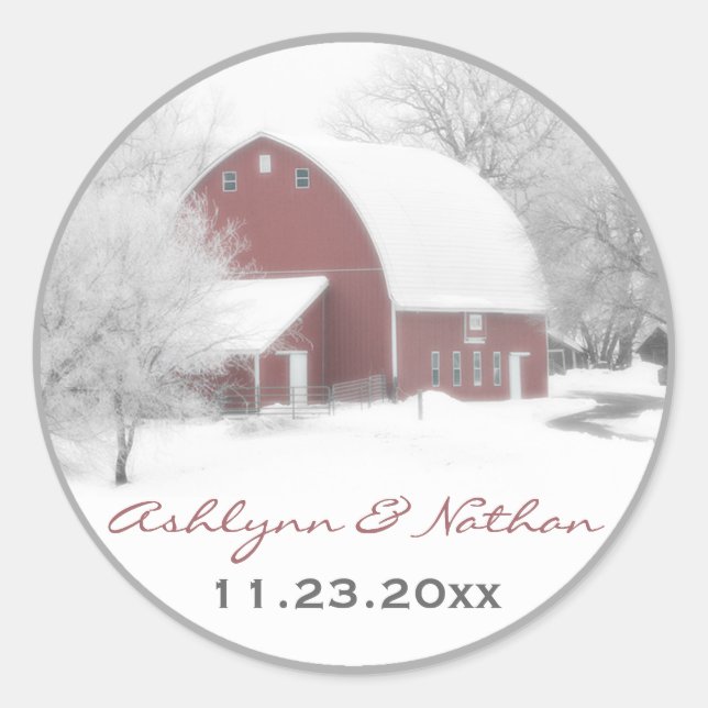 1.5" Red Barn in Winter Wedding Favor Sticker (Front)