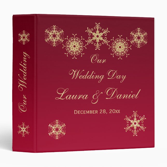1.5" Red, Gold Glitter Snowflakes Wedding BINDER (Front/Spine)