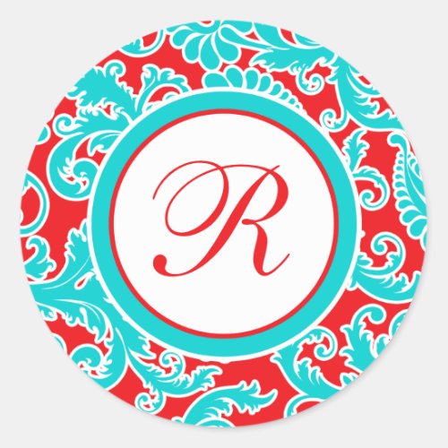 15 Round Blue Red White Damask Monogram Sticker