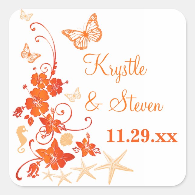 1.5" Sand, Orange, White Tropical Wedding Sticker (Front)