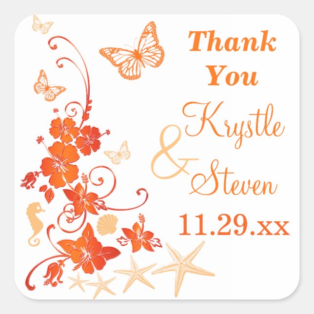 1.5" Sand, Orange, White Tropical Wedding Sticker (Front)