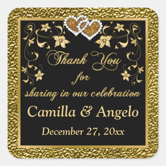 1.5" Sq. Gold, Black Floral, Hearts Favor Sticker (Front)