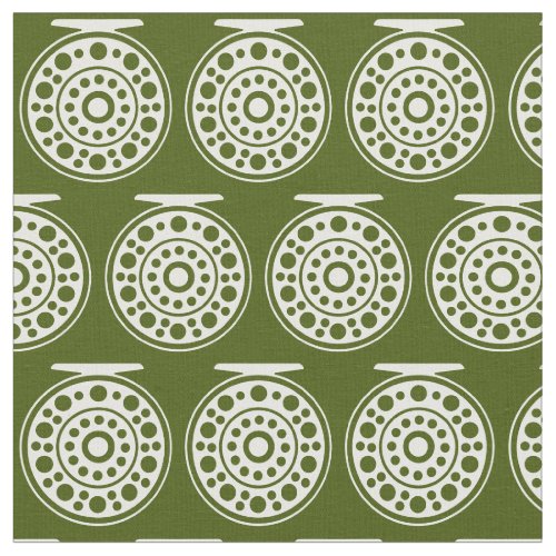 15 White Fly Fishing Reel Art on Green Fabric