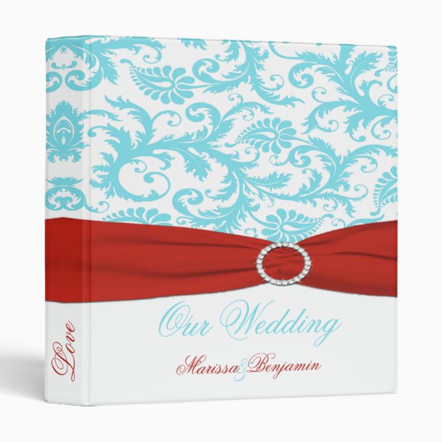 1" Aqua, Red, and White Damask Wedding Binder (Front/Spine)