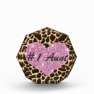 #1 Aunt Pink Heart Brown & Gold Animal Print Acrylic Award