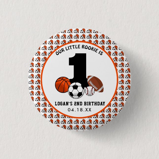 1 Ball Sports Theme Boy’s 1st Birthday Button (Front)