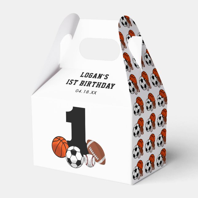 1 Ball Sports Theme Boy’s 1st Birthday Favor Boxes (Front Side)