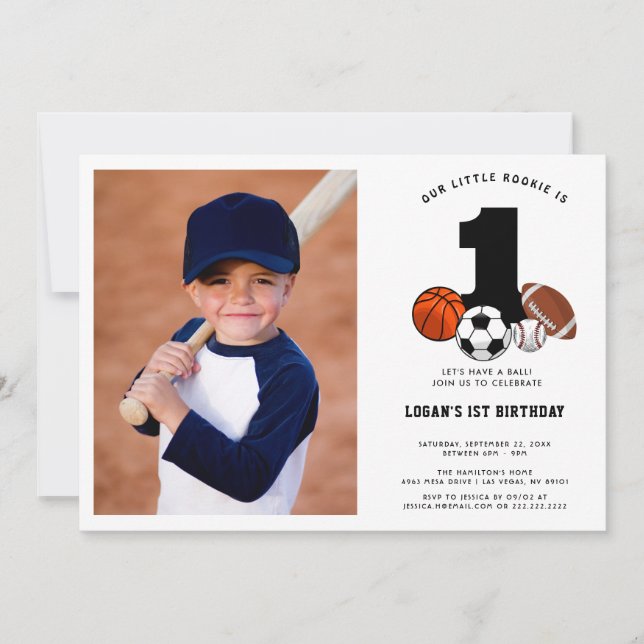 1 Ball Sports Theme Boy’s 1st Birthday Invitation (Front)