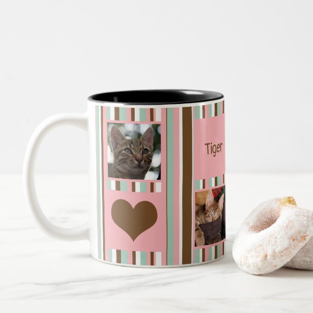 #1 Cat Mom Photo Collage Neapolitan Stripe Two-Tone Coffee Mug (With Donut)