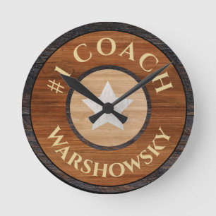 #1 Coach Rustic Brown Wood Star Round Clock
