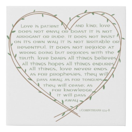 1 Corinthians 134 Love is Patient Green Vine Heart Faux Canvas Print