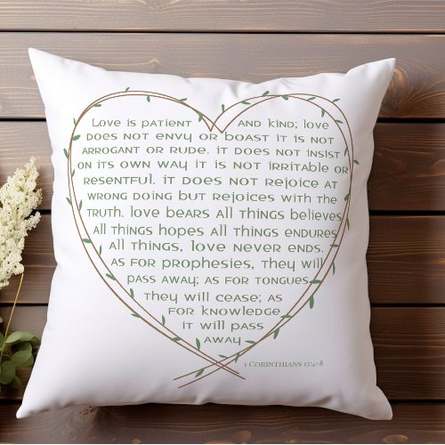 1 Corinthians 134 Love is Patient Green Vine Heart Throw Pillow
