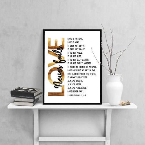 1 Corinthians 134_8 Bible Verse Gold_Black_White Poster