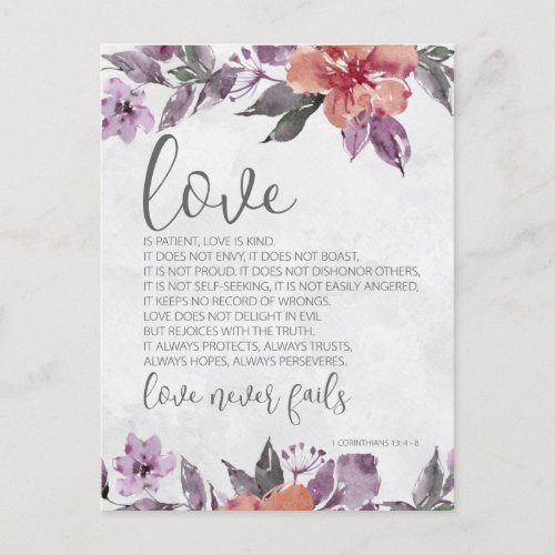 1 Corinthians 134_8 Floral Bible Verse Wedding Postcard