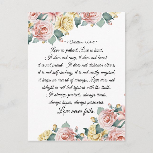1 Corinthians 13:4-8 Love is Patient, Love is Kind Postcard (Front)