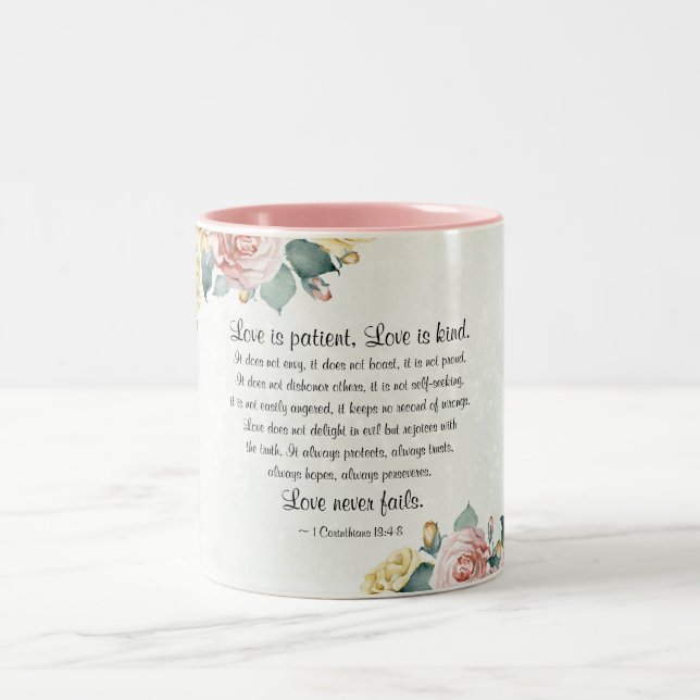 1 Corinthians 13:4-8 Love is Patient, Love is Kind Two-Tone Coffee Mug (Center)
