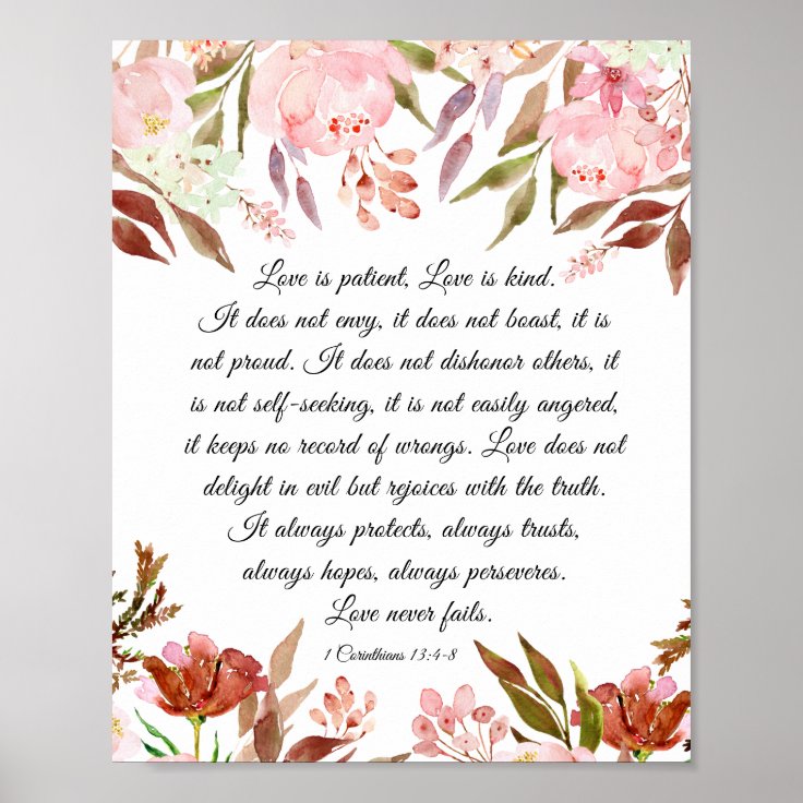 1 Corinthians 1348 Love is Patient Pink Floral Poster Zazzle