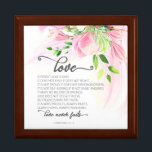 1 Corinthians 13:4-8 Love is Patient Pink Magnolia Gift Box<br><div class="desc">Inspirational quote scripture gift box depicts an elegant floral watercolor design with pink magnolias and greenery. It features Bible Verses 1 Corinthians 13:4-8, "Love is patient, love is kind. It does not envy, it does not boast, it is not proud. It is not rude, it is not self-seeking, it is...</div>