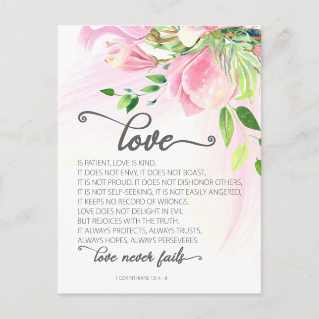 1 Corinthians 13:4-8 Love is Patient Pink Magnolia Postcard (Front)