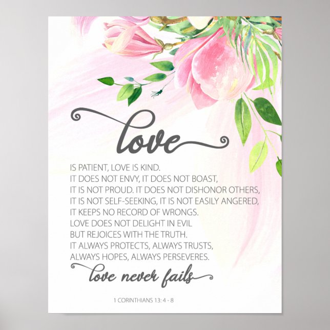 1 Corinthians 13:4-8 Love is Patient Pink Magnolia Poster (Front)