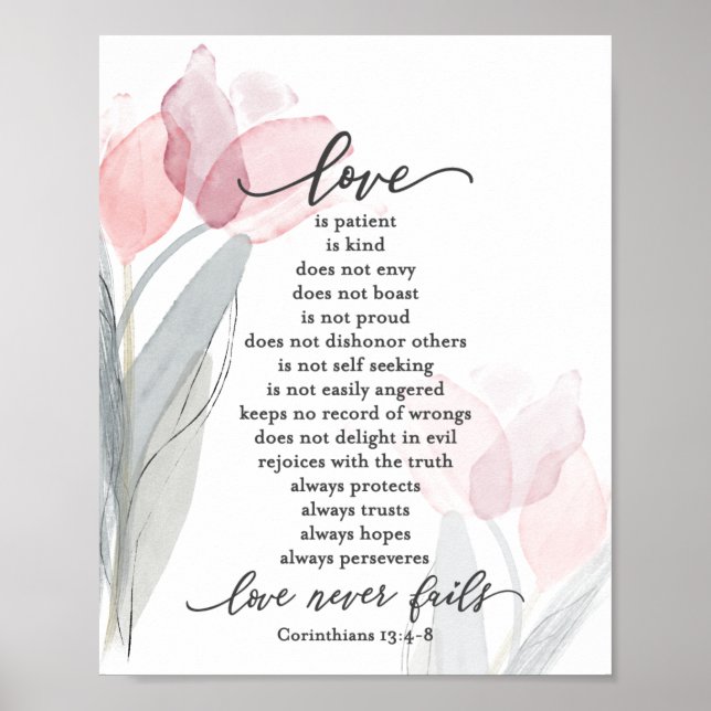 1 Corinthians 13:4-8 Love is Patient Pink Tulips Poster (Front)