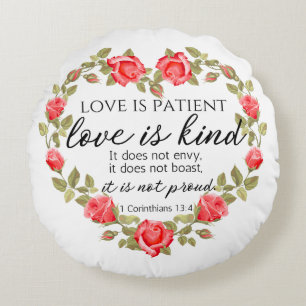 1 Corinthians 13:4 Love is Patient Floral Heart Round Pillow