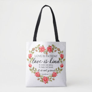 1 Corinthians 13:4 Love is Patient Floral Heart Tote Bag