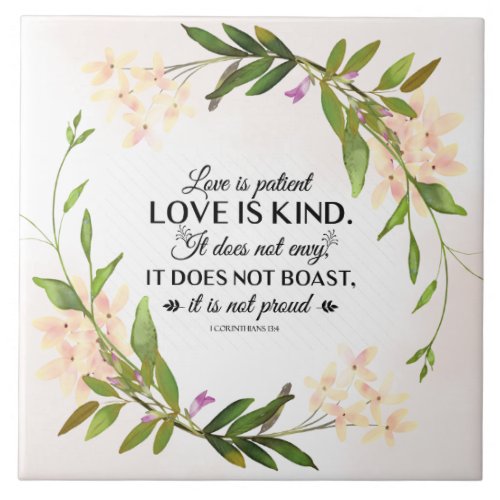 1 Corinthians 134 Love is patient Pink Floral Ceramic Tile