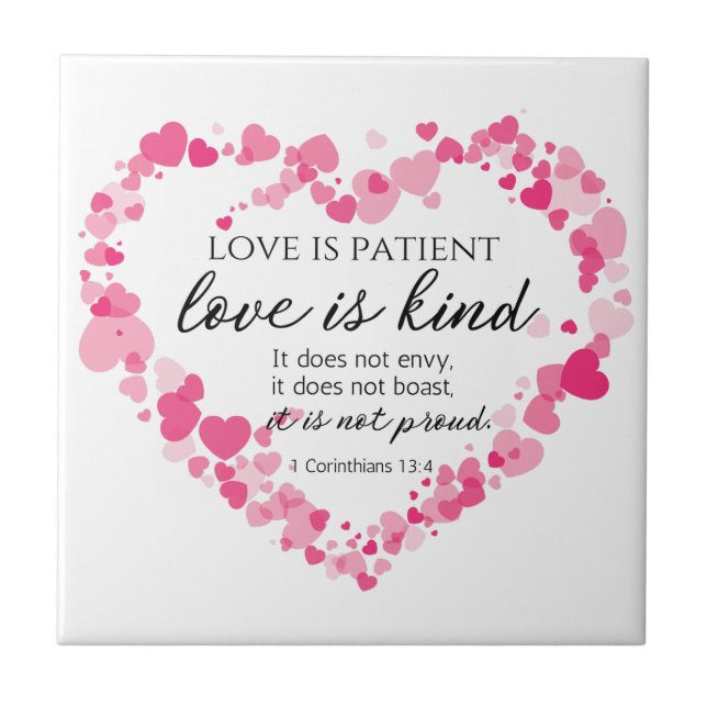 1 Corinthians 13:4 Love is Patient Pink Hearts Ceramic Tile (Front)