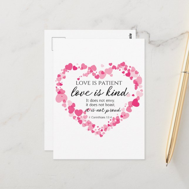 1 Corinthians 13:4 Love is Patient Pink Hearts Postcard (Front/Back In Situ)