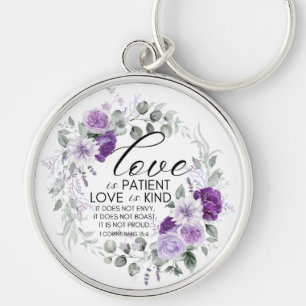 1 Corinthians 13:4 Love is Patient Violet Floral Keychain