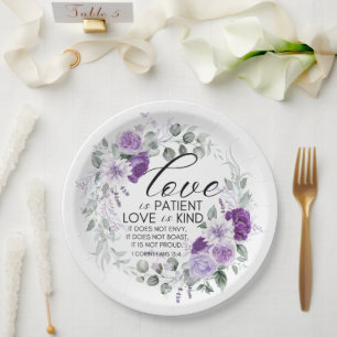 1 Corinthians 13:4 Love is Patient Violet Floral Paper Plates