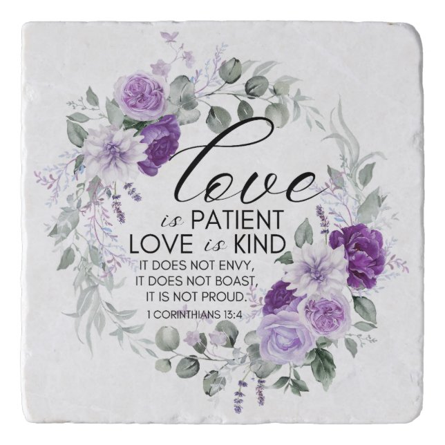 1 Corinthians 13:4 Love is Patient Violet Floral Trivet (Front)