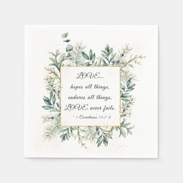1 Corinthians 13:7-8 Elegant Winter Greenery Napkins (Front)