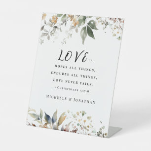 1 Corinthians 13:7 Love Never Fails Wedding Bible Pedestal Sign