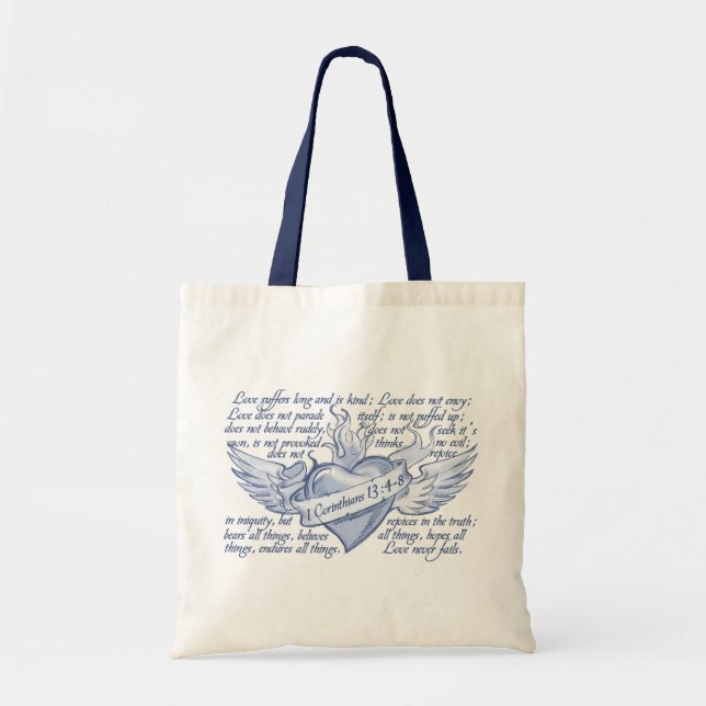 1 Corinthians 13 Heart Love never fails tote bag (Front)