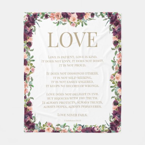 1 Corinthians 13 Love Bible Verse Burgundy Floral Fleece Blanket