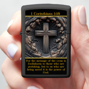 1 Corinthians 1:18 Textured Burnt Wood Cross Zippo Lighter