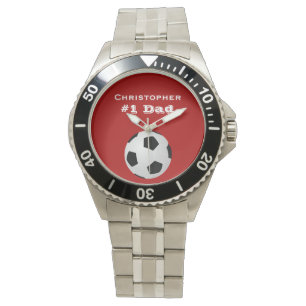 #1 Dad Custom, Personalized Name, Soccer Red Wrist Watch