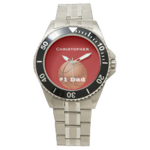 #1 Dad, Personalized Name, Red, Basketball Wrist Watch