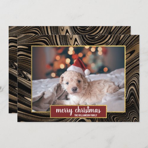 1 Dog Photo black gold Merry Christmas Holiday Card