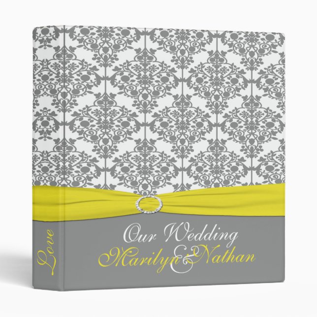 1" Gray Damask with Yellow Wedding Binder (Front/Spine)