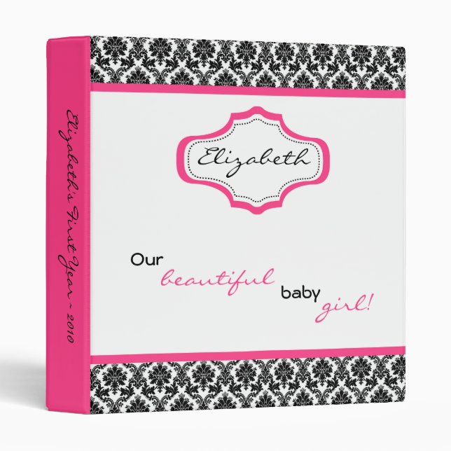 1" Hot Pink Damask Lace Print Photo Binder Scrapbo (Front/Spine)