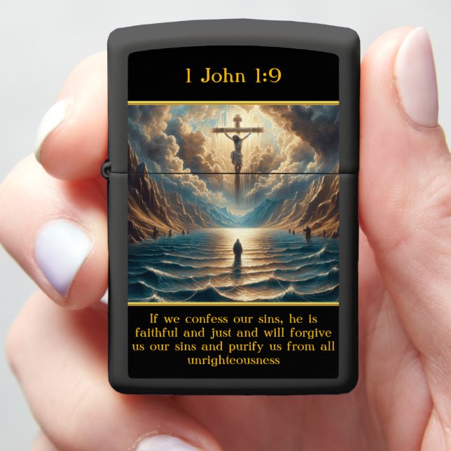 1 John 1:9: Divine Love Radiant Scene Zippo Lighter (In Hand)