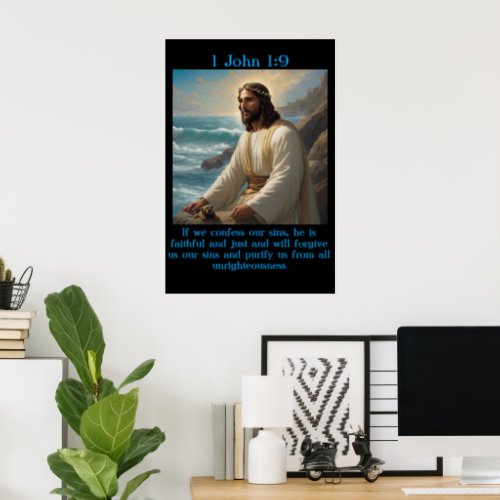 1 John 19 with a old boat in the calm ocean Poster