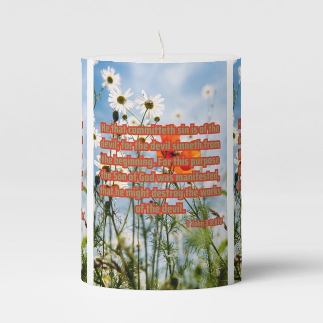 1 John 3:8 KJV Bible Scripture Pic Pillar Candle (Front)