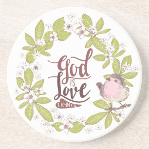 1 John 4:16 God is Love Floral Wreath Cute Bird Coaster