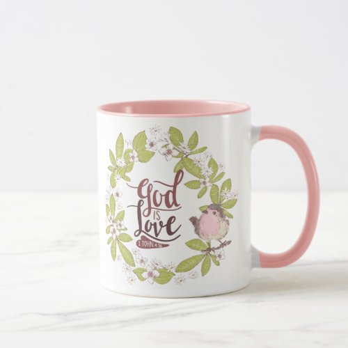 1 John 416 God is Love Floral Wreath Cute Bird Mug