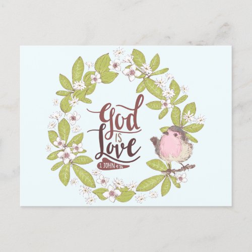 1 John 416 God is Love Floral Wreath Cute Bird Postcard